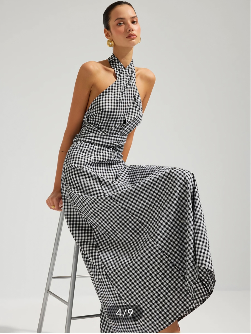 Gingham Halter Cotton Maxi Dress In White And Black
